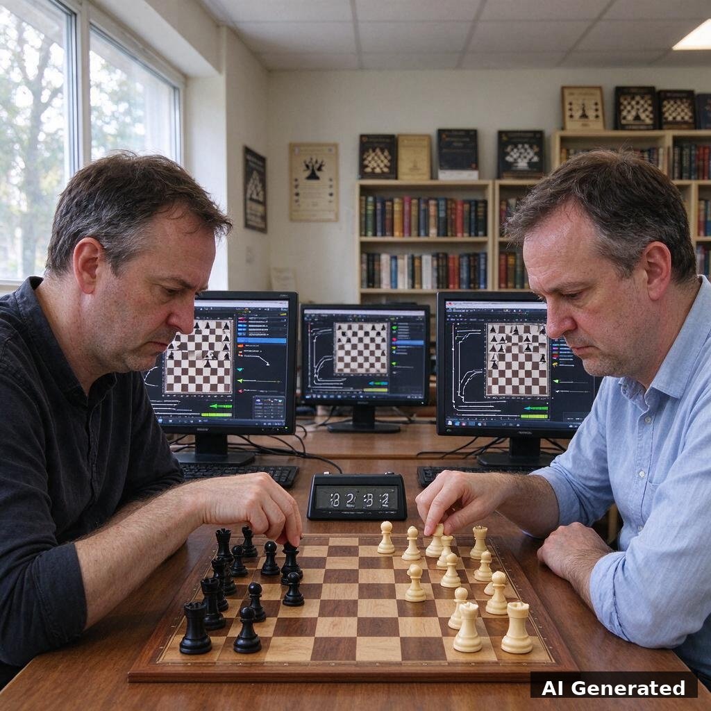 AI generated image: two amateur players with three desktop computers play freestyle centaur chess