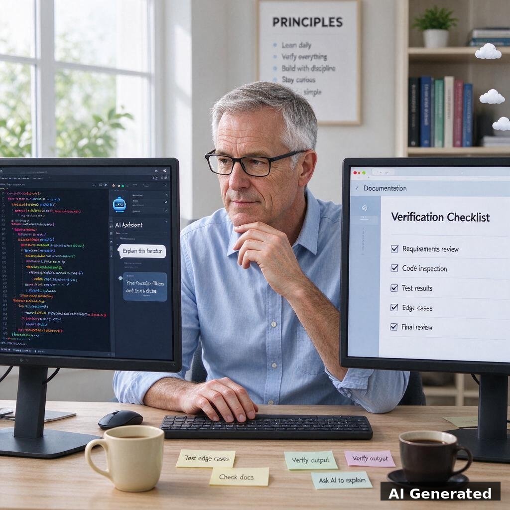 AI generated image: a man in his fifties works with an AI coding assistant, verifying results on a second monitor