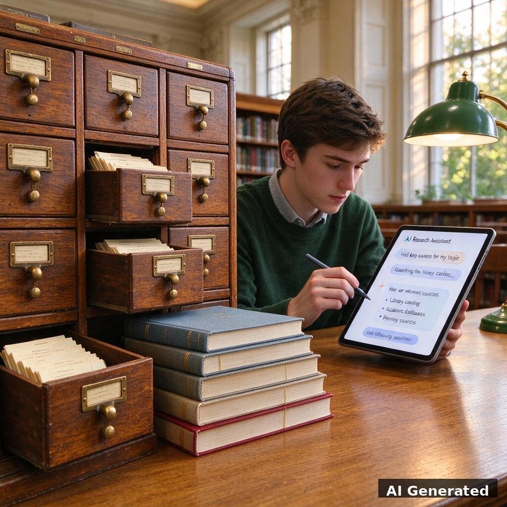 AI generated image: a wooden card catalog beside a student researching with an AI assistant on a tablet in a sunlit library