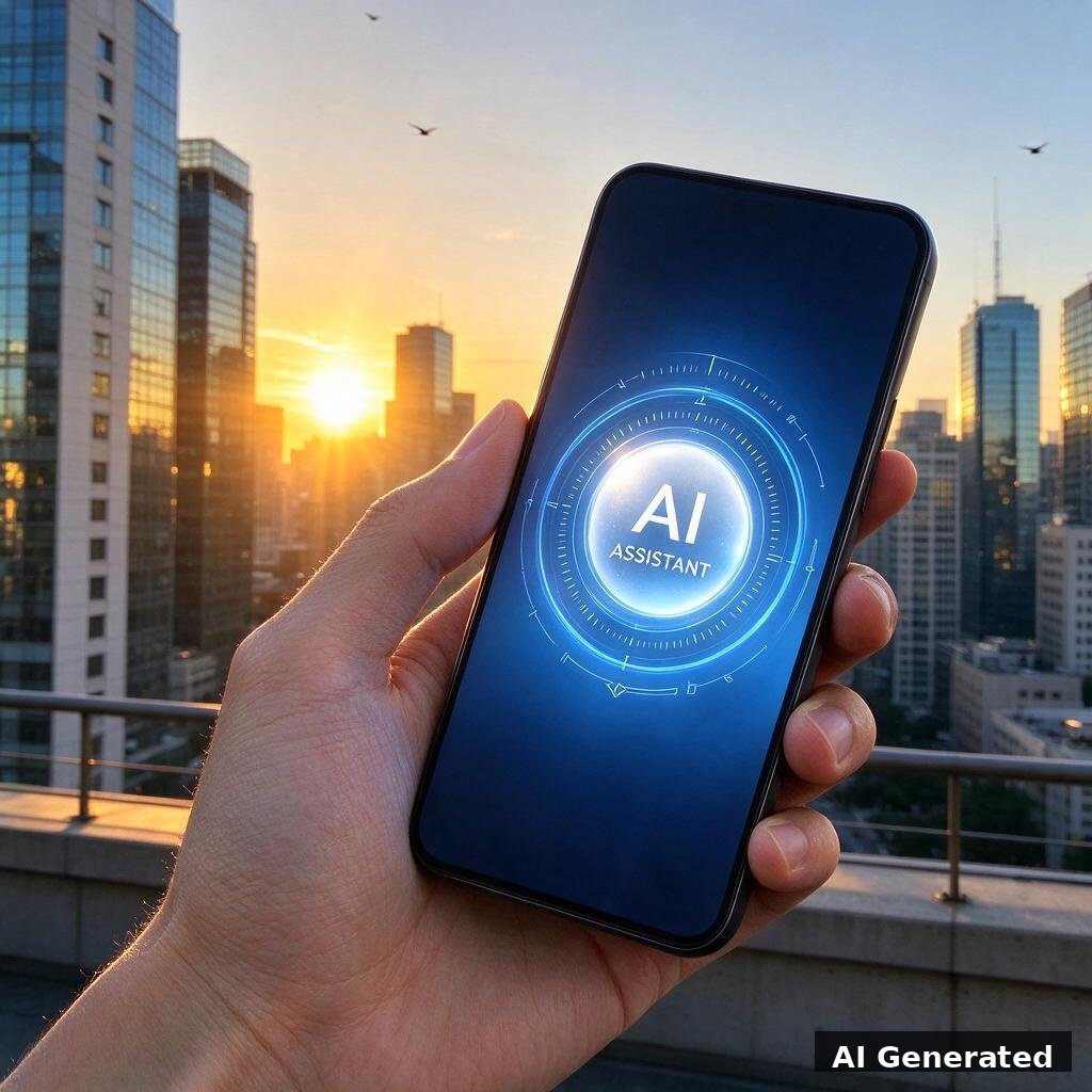 AI generated image: a hand holds a glowing AI communicator phone against a sunrise city skyline