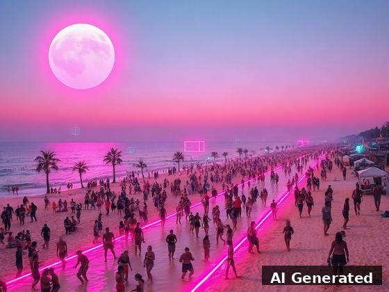 Original — summer beach. Packed summer seafront under a giant magenta glitch sun; neon streaks, floating wireframes.