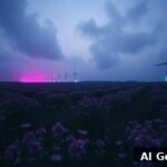 Dusk field, purple flowers, turbine line glowing magenta-cyan; dreamlike cyberpunk mood.