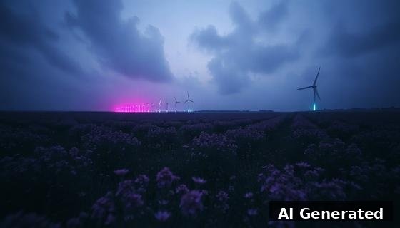 Original — dusk field. Dusk field, purple flowers, turbine line glowing magenta-cyan; dreamlike cyberpunk mood.