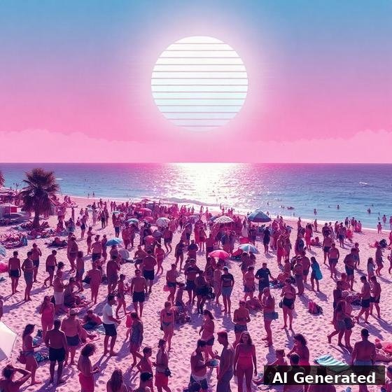 Through the lens — beach. Striped vaporwave sun over a pink-and-cyan packed beach; swimmers intact.