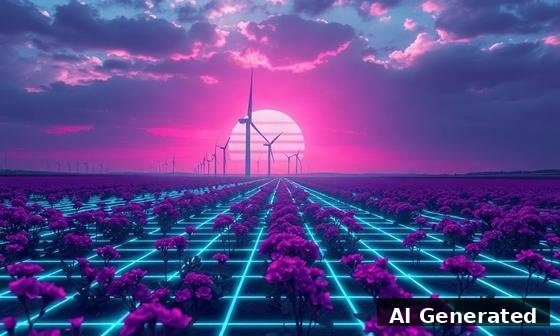 Through the lens — field. Scanline sun and cyan neon grid through the purple blooms; an 80s memory.
