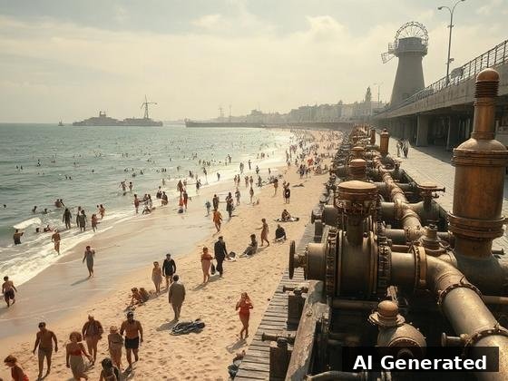Through the lens — beach. Copper pipes and riveted machinery line the promenade; Victorian bathers in the surf.