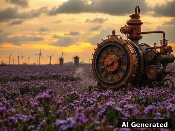 Through the lens — field. Brass clockwork engine with Roman-numeral clock parked in the flowers; sepia-bronze.