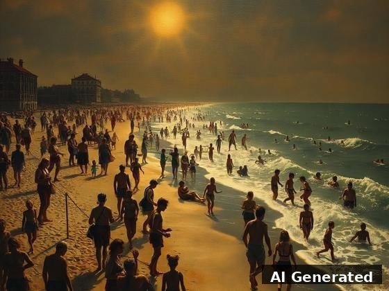 Through the lens — beach. Varnished old-master seaside; hazy sun, classical buildings, crowds in amber surf.