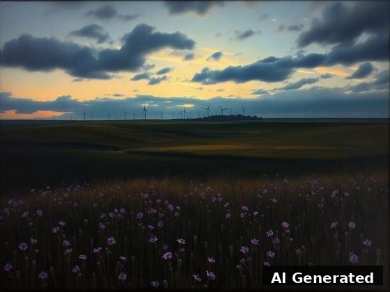 Through the lens — field. Oil-painting dusk, deep shadows, muted blooms; the turbines turn elegiac.
