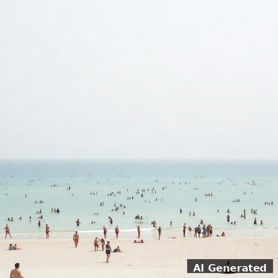 Through the lens — beach. Huge white sky, milky water; the packed crowd whispered down to scattered dots.