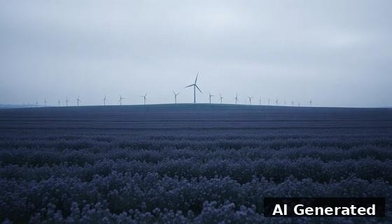 Through the lens — field. Two-thirds empty pale sky; turbines shrink to a delicate silhouette row above quiet blooms.