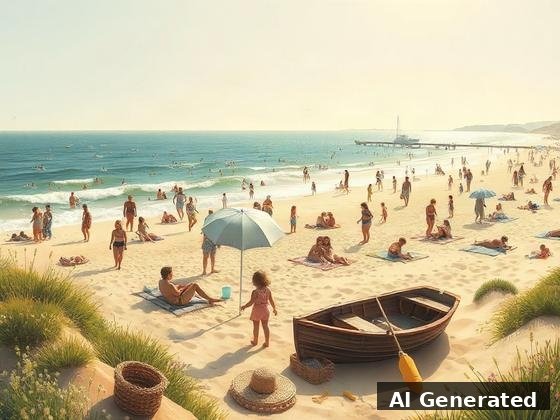 Through the lens — beach. Storybook golden hour: wicker baskets, straw hats, rowboat, picnics, gentle surf.