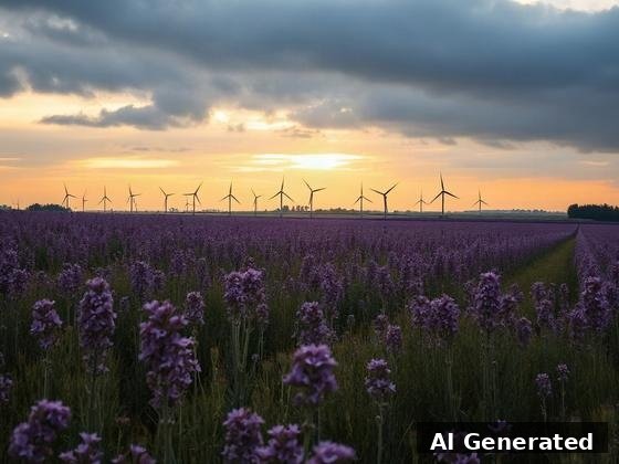 Through the lens — field. Golden light through clouds; lush warm blooms, turbines almost friendly farm windmills.