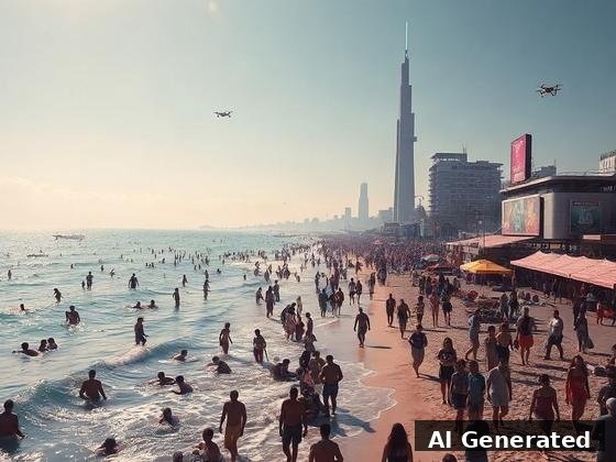 Through the lens — beach. Mile-high arcology, drones and digital billboards towering over the packed beach.