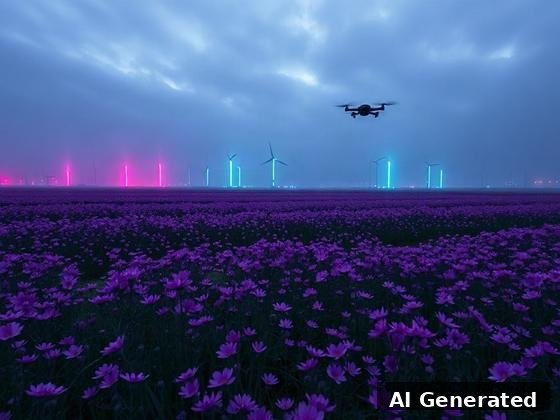 Through the lens — field. Magenta-cyan light pylons, lit turbine masts, surveillance drone over smoggy blooms.