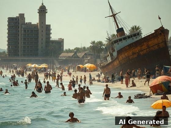 Through the lens — beach. Beached rusting ship, decayed hotel; the crowd still swims, laughing, among ruins.