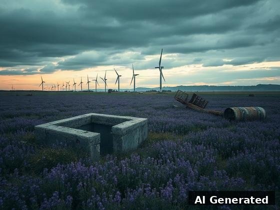 Through the lens — field. Bunker ruin and rusted wreckage half-swallowed by blooms; turbines still standing.
