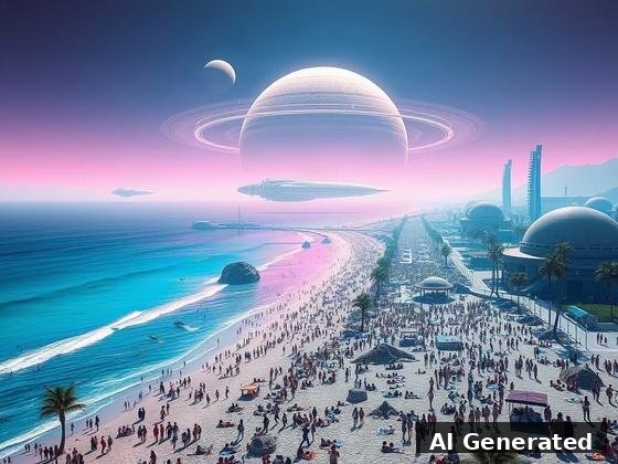Through the lens — beach. Ringed gas giant, descending starships, domed resort over a packed colony beach.