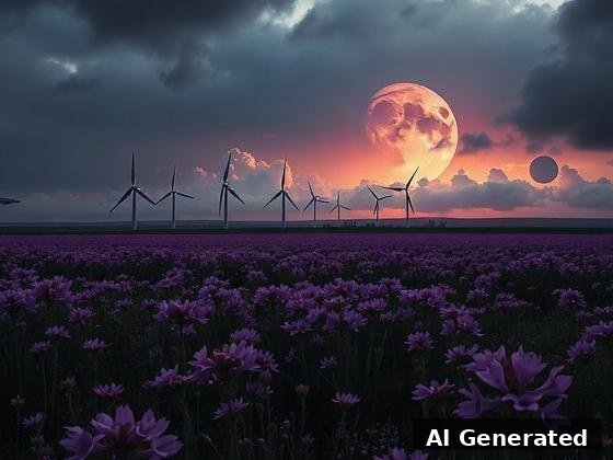 Through the lens — field. Cratered moon behind the turbine line; the flower field becomes an alien colony.