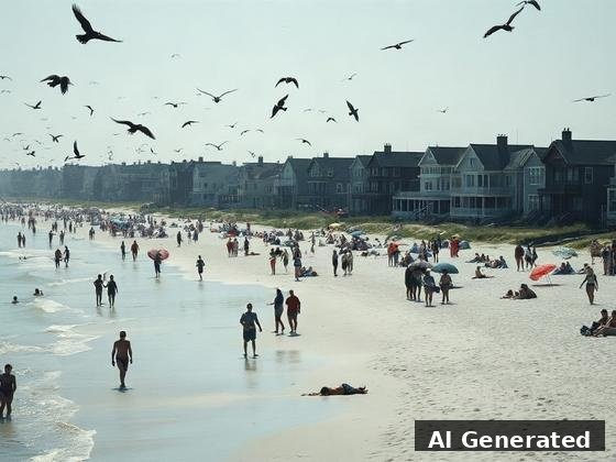 Through the lens — beach. Dark Victorian beach houses loom behind a pale, slightly-too-still swimming crowd.