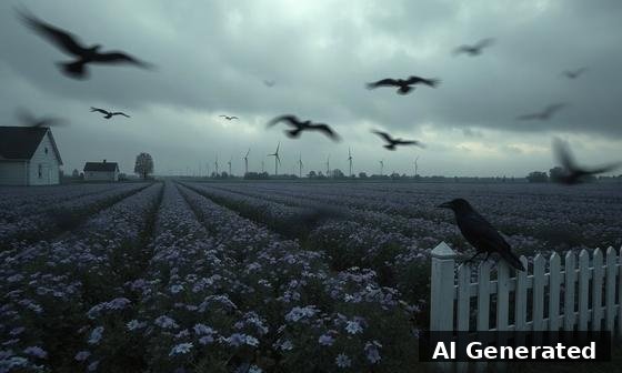 Through the lens — field. Picket fence, wheeling crows, too-neat flower rows; quiet dread under the ordinary.