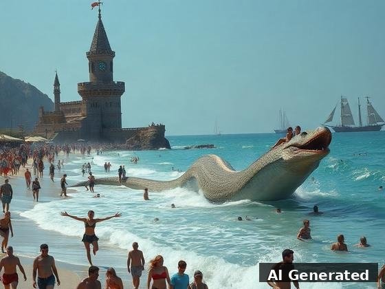 Through the lens — beach. Gentle sea serpent among the swimmers — children ride its back; wizard tower ashore.