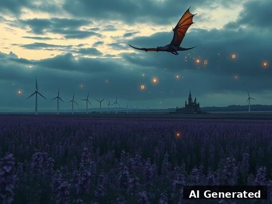 Through the lens — field. Dragon banks over the blooms; castle spires rise among the turbine line at dusk.