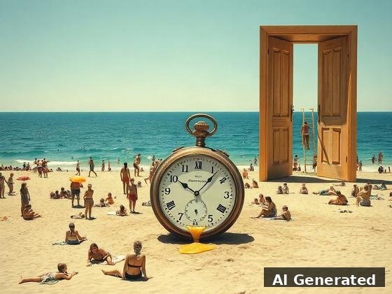 Through the lens — beach. Melting watch on the sand; a Magritte door floats above unbothered sunbathers.