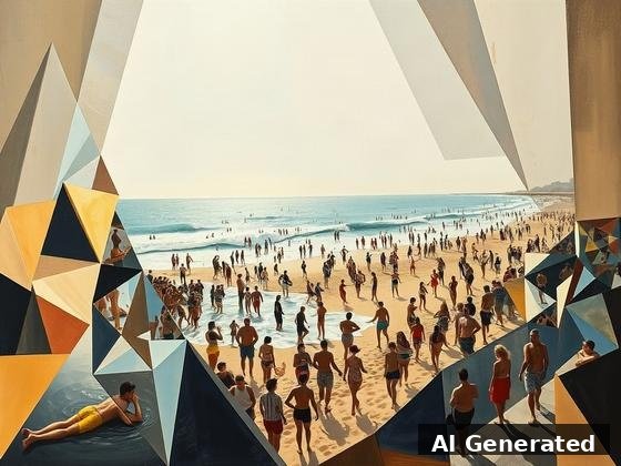 Through the lens — beach. Seafront seen through prismatic planes; the crowd fractured across multiple viewpoints.