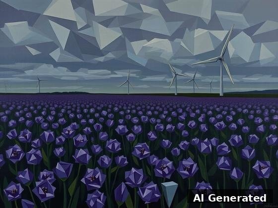 Through the lens — field. Clouds and blooms fractured into faceted planes; turbines rendered as angular geometry.