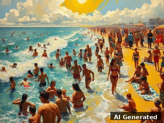 Through the lens — beach. Heavy painterly beach; vivid non-natural color, crowds wading through turquoise surf.