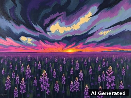 Through the lens — field. Thick swirling brushwork; purple lupines under a violet-rose dusk, turbines on the horizon.