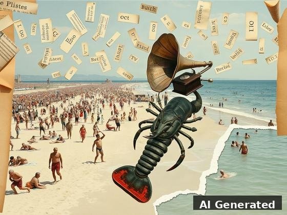 Through the lens — beach. A lobster wearing a gramophone horn strides the beach while text scraps rain down.