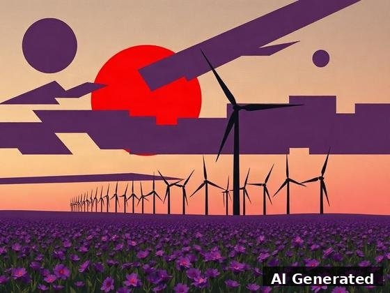 Through the lens — field. Propaganda-poster geometry: red sun disc, flat violet shapes, black turbine silhouettes.