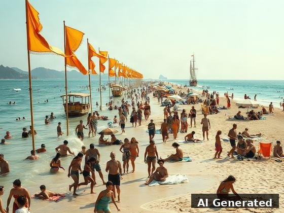Through the lens — beach. Orange silk banners on bamboo poles line the shore; junk-rigged ship offshore, crowds swimming.