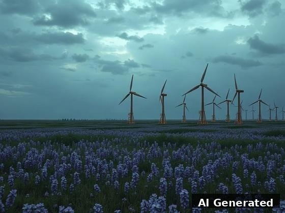 Through the lens — field. Turbine masts rebuilt as bamboo-and-rope lattice; silk-banner engineering under a teal dusk.