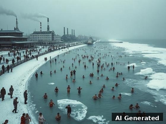 Through the lens — beach. Sea partially frozen; the crowd swims a steam-warmed channel past chimneys and ice floes.