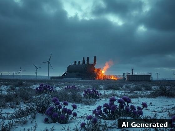 Through the lens — field. Snow buries the field; purple blooms push through frost beside a glowing coal-fired generator.