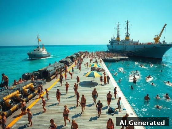 Through the lens — beach. The beach becomes a packed floating pier-city; swimmers in the turquoise water around it.