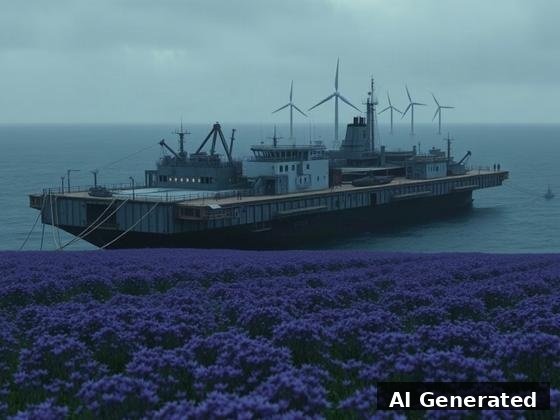 Through the lens — field. The flower field grows on a floating platform; turbines rise straight out of the sea.