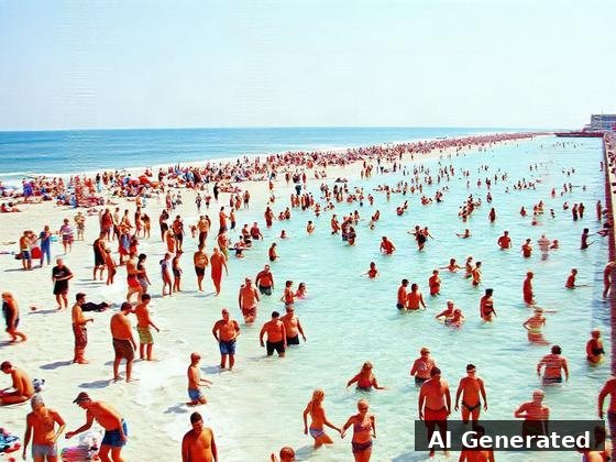 Through the lens — beach. Datamosh bands and channel-split fringing corrupt the beach; swimmers visible underneath.