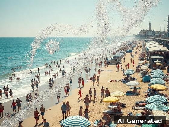 Through the lens — beach. A silver nano-swarm arcs over the packed shore like a living cloud of machines.