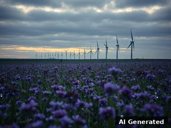 Through the lens — field. Iridescent micro-motes glint across the blooms; the turbine row recedes under grey-goo shimmer.