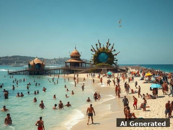 Through the lens — beach. Grown, not built: organic shell pavilions and a glowing bio-structure over the swimming shore.