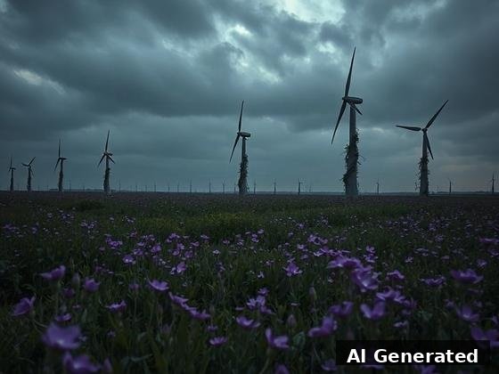 Through the lens — field. Turbine masts wrapped in living tendrils and moss; wet organic growth over the blooms.