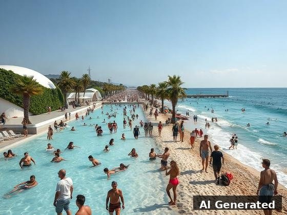 Through the lens — beach. Clean eco-future promenade, green-roofed dome, white canopies; the crowd swims unpoisoned water.