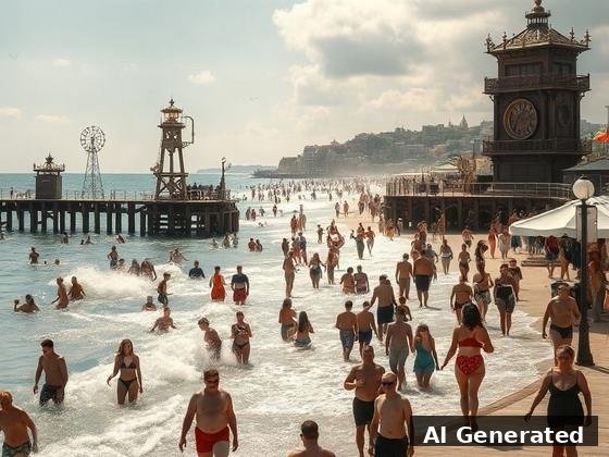 Through the lens — beach. Great clock tower and wind-vane pier above the splashing crowd; pre-industrial mechanics.