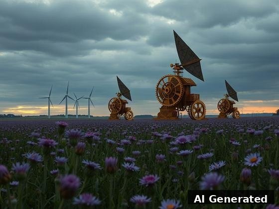 Through the lens — field. Wooden-and-brass clockwork engines with exposed gears stand among the blooms; Renaissance wonder.