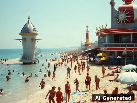 Through the lens — beach. Googie rocket tower and starburst-crowned diner in red-and-cream; full atomic-age optimism.