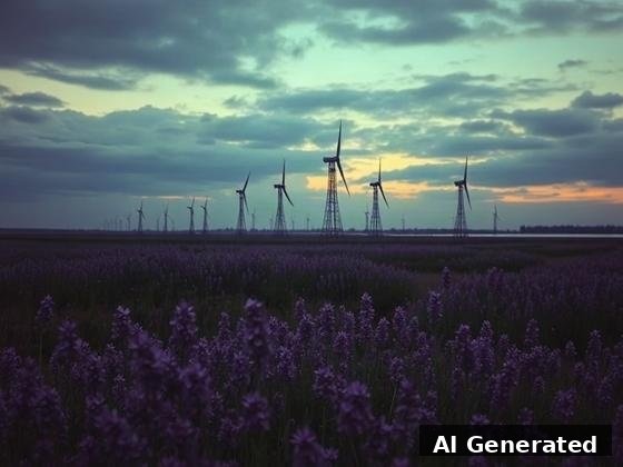 Through the lens — field. Turbines on 1950s lattice masts under a faded teal sky; mid-century mood (style mild).